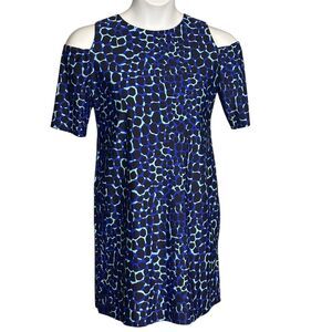 Jude Connally Knee Length Dress Cold Shoulder Nylon Blue Animal Print Sz Medium